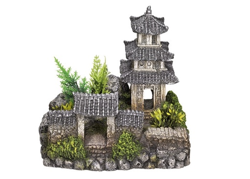 [NB28020] Aqua ornamenten "AZIATISCHE TEMPEL" - met planten L18,5 x B14,2 x H17 cm 