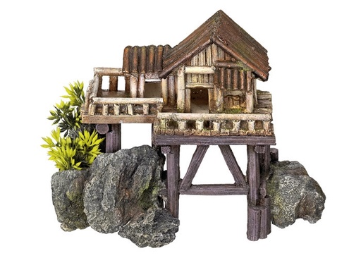 [NB28057] Aqua ornamenten "HOUTEN HUIS" - met planten L23 x B12,3 x H17 cm 