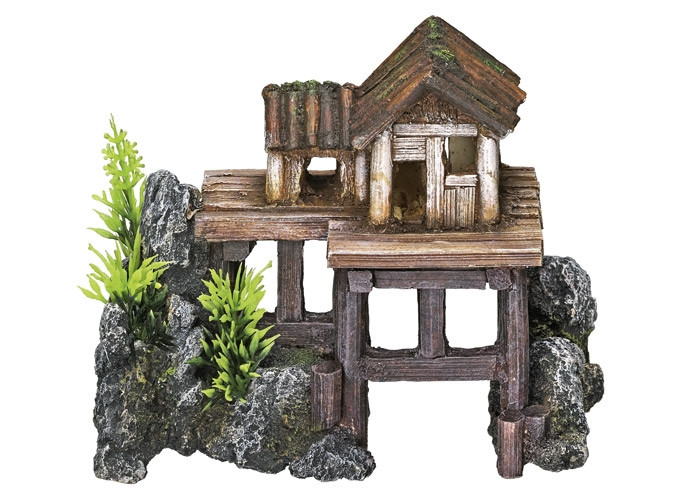 Aqua ornamenten "HOUTEN HUIS" - met planten L15,5 x B8 x H12 cm 