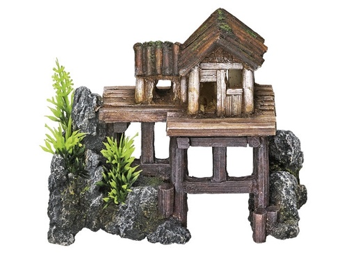 [NB28058] Aqua ornamenten "HOUTEN HUIS" - met planten L15,5 x B8 x H12 cm 