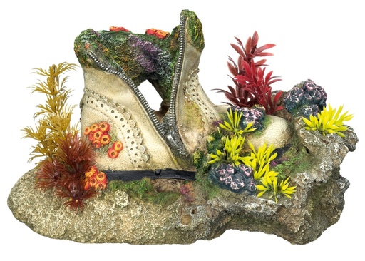 [NB28496] Aqua ornamenten "Boot on stone - w.coral" met planten L23,5 x B13,5 x H13,0 cm 