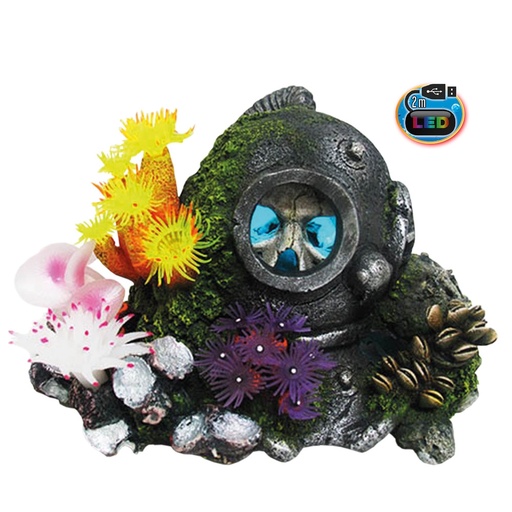 [NB28599] Aqua Ornamenten "HELM MET SCHEDEL" met LED 22,7 x 16,0 x 14,5 cm 