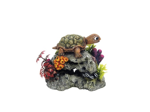 [NB28631] Aquaornamenten "TURTLE ON ROCK" met planten 13,5 x 8,5 x 10,7 cm 