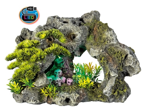 [NB28642] Aqua-ornamenten "ROCK WITH SKULLS" met planten met LED 