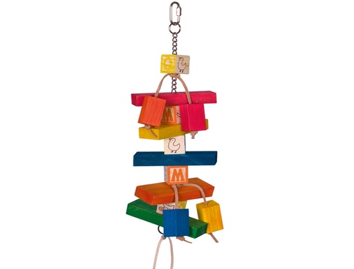 [NB31731] Kooispeelgoed, houten blokken met leren strips 37 x 12 cm 