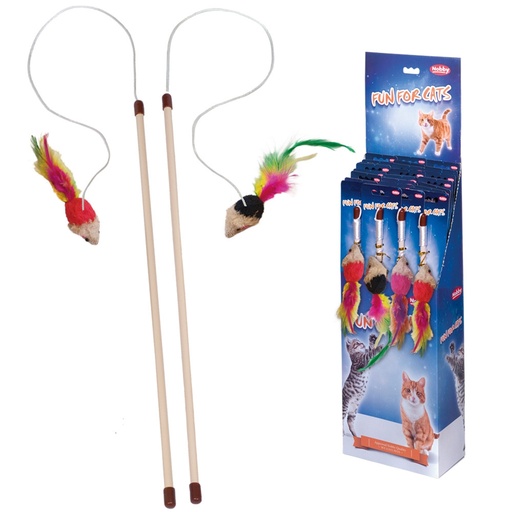 [NB51977] Hengel met pluche muis kort haar display 18 st, hengel 45 cm;  bandje met speeltje: 53 cm 