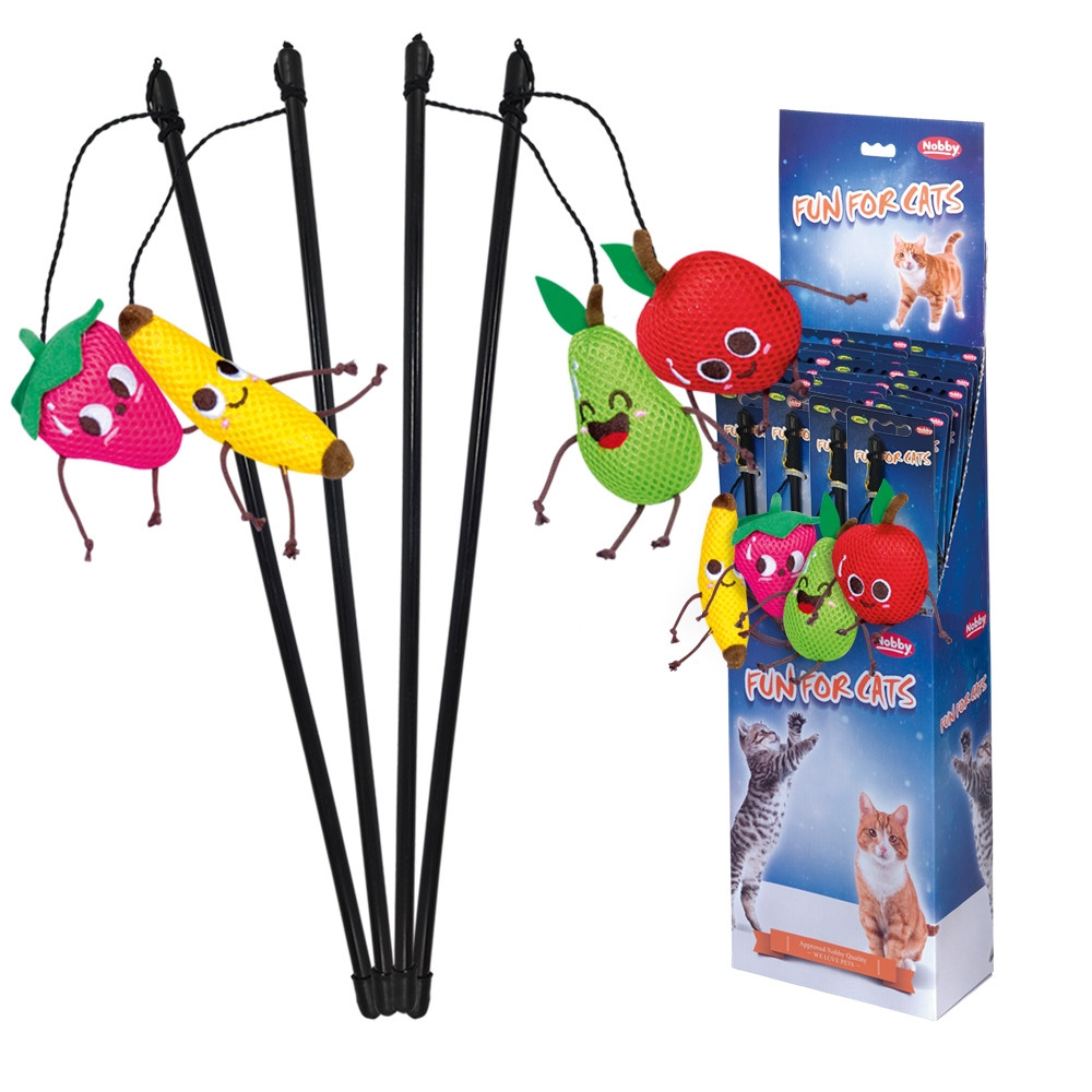Hengel "Crazy Fruits" met kattenkruid Display 24 st, stok: 50 cm; band with toy: 57-62 cm 