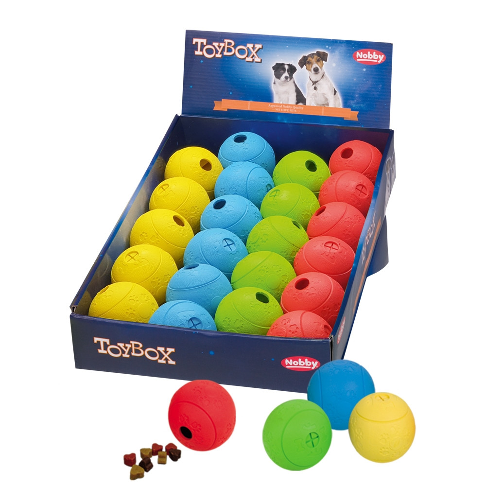 Rubberen snackbal display 22 st.,  6,5 cm Mix kleuren