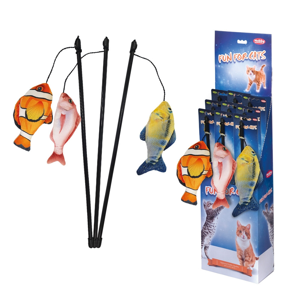 Hengel met vis, met kattenkruid Display 9 st, stok 42 cm, bandje met speeltje 63 cm Mix kleuren