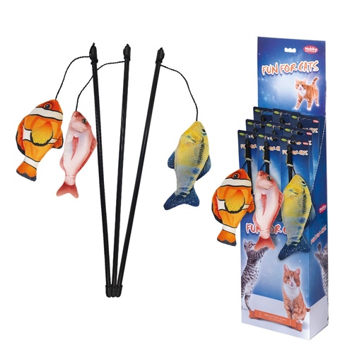 [NB52070] Hengel met vis, met kattenkruid Display 9 st, stok 42 cm, bandje met speeltje 63 cm Mix kleuren