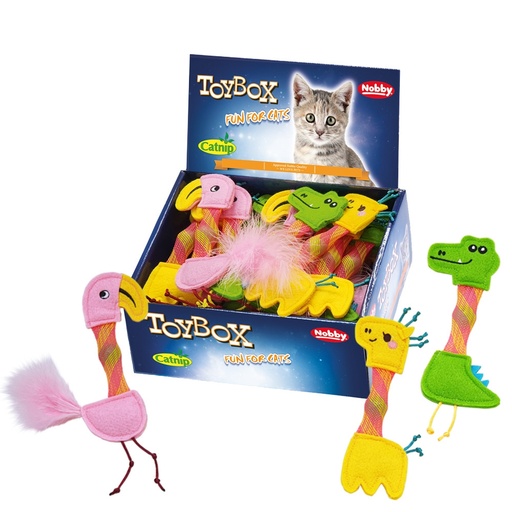 [NB52071] Dierentuindieren vilten met rammelaar, met kattenkruid Display 24 st, 16 - 17 cm Mix kleuren