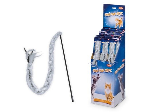 [NB6035495] Kattenhengel met veren rod 41 cm, Display 24 st. grijs/zwart