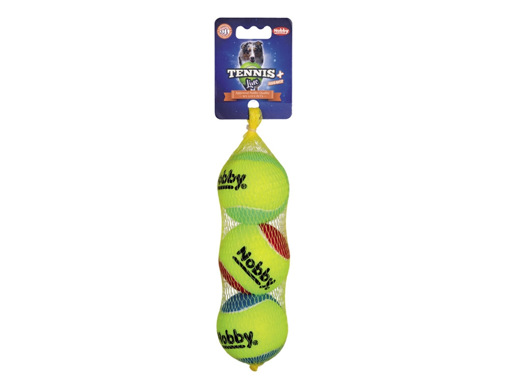Tennisbal met pieper M 6,5 cm; Net of 3 st. Mix kleuren