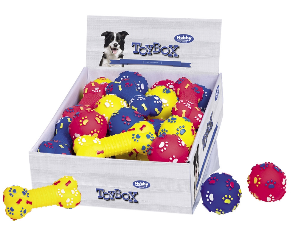 Vinylspeelgoed "KLASSIEK" Display 32 st Ball  7 cm; Bone: 15 cm Mix kleuren