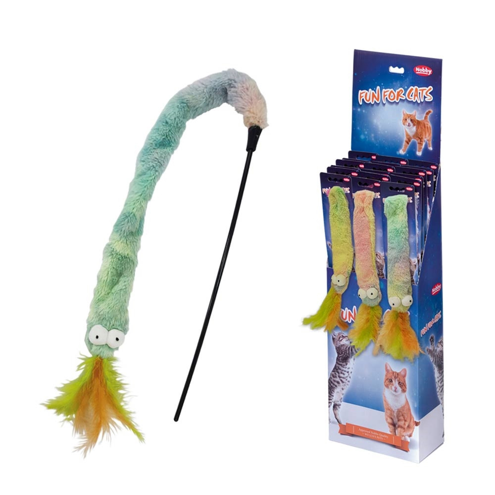 Hengel met veren display 20 st,  stok: 40 cm, toy with feather: 56 cm 