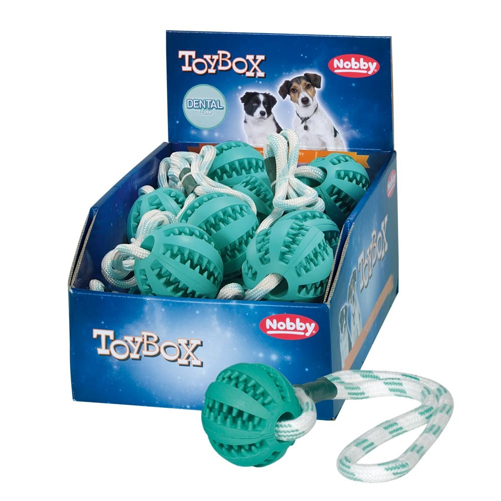 Rubberen bal met touw "DENTAL LINE" display 20 st., ball:  7 cm, rope: 30 cm 