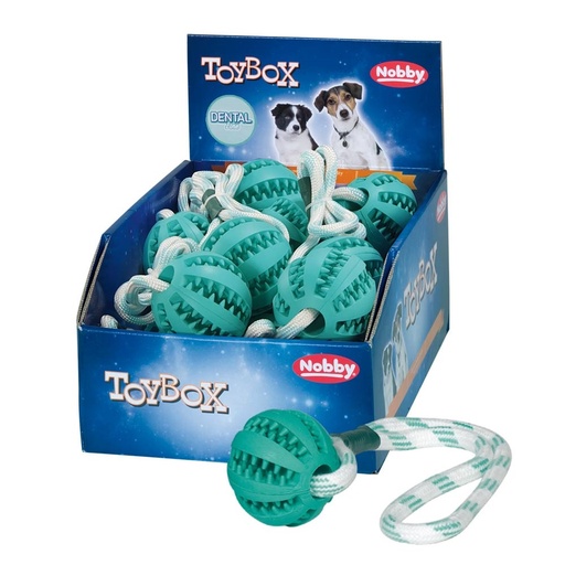 [NB62583] Rubberen bal met touw "DENTAL LINE" display 20 st., ball:  7 cm, rope: 30 cm 