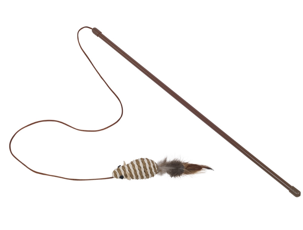 Staaf met rammelaar muis met veren hengel 45 cm; mouse 7 cm 