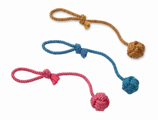 [NB67051] Touwspeelgoed, Touw met handlus 57 cm; 275 g; ball  8 cm ass. geel, rood, blauw