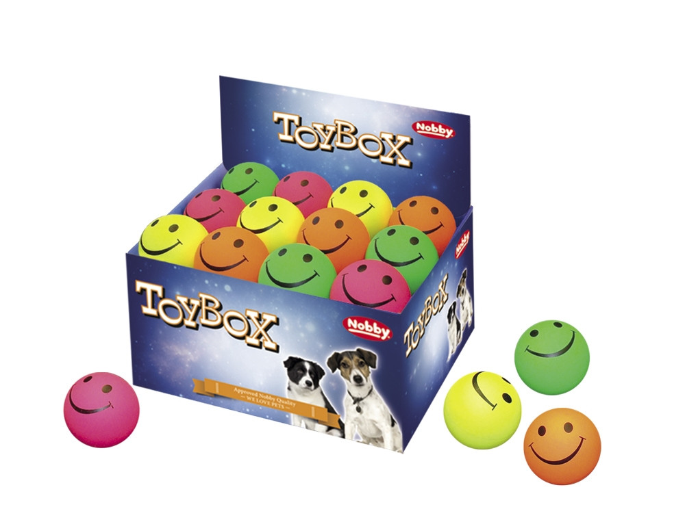Schuimrubberen smileyballetjes 7,2 cm; display 24 st. Mix kleuren