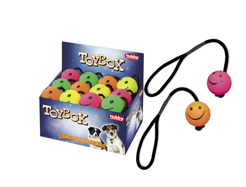 Schuimrubberen smileybal met touw 6,3 cm; display 24 st. Mix kleuren
