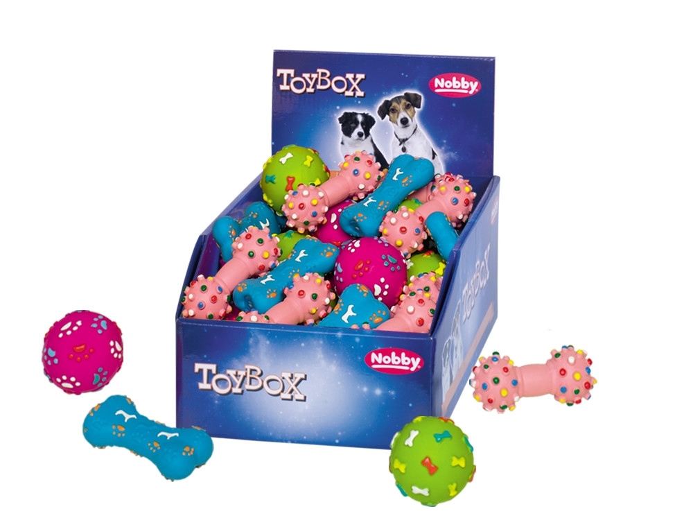 Latex speelgoedassortiment display 36 st; 9 cm, Ballen  5 cm 
