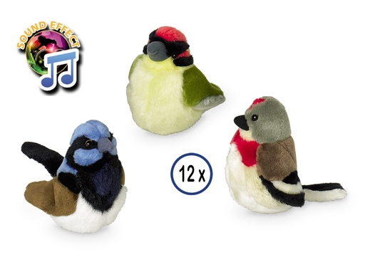 [NB67401] Pluche vogel met geluidschip strip 12 st; 17 cm 