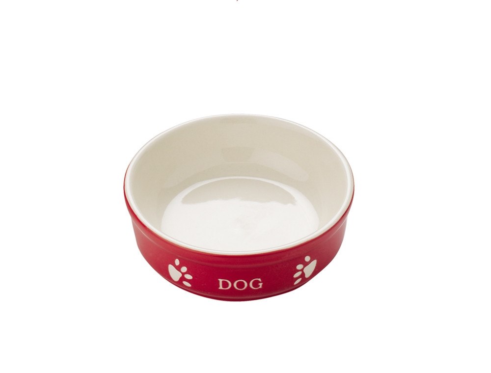 Hondenbak van keramiek "DOG" 12 X 12 X 3,7 cm; 130 ml rood / beige