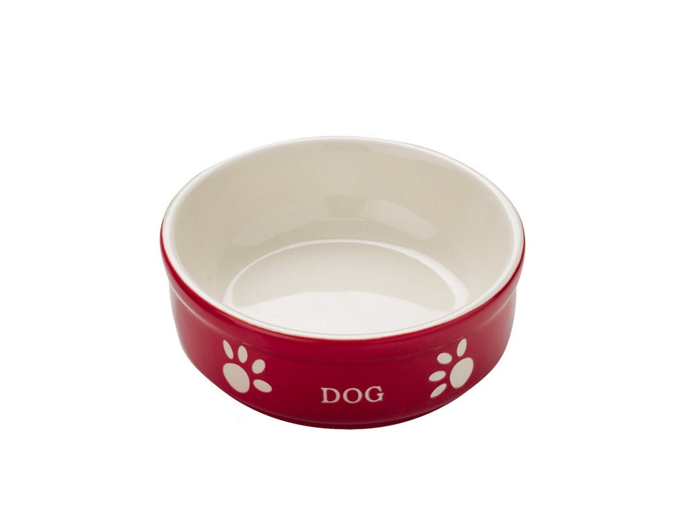 Hondenbak van keramiek "DOG" 13,5 X 13,5 X 5 cm; 240 ml rood / beige