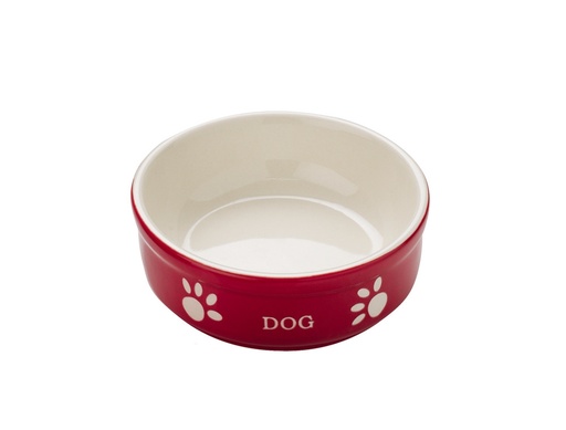 [NB68767] Hondenbak van keramiek "DOG" 13,5 X 13,5 X 5 cm; 240 ml rood / beige