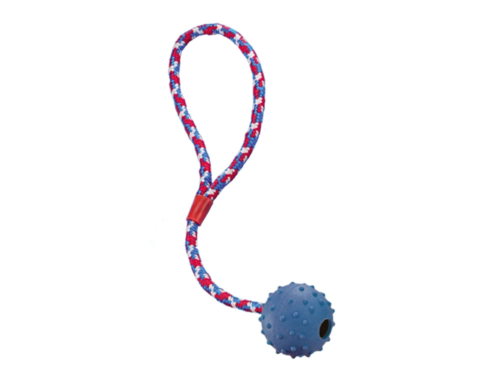 Rubberen bal met noppen, bel en touw