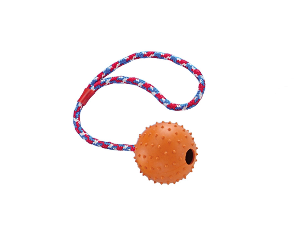 Rubberen bal met noppen, bel en touw