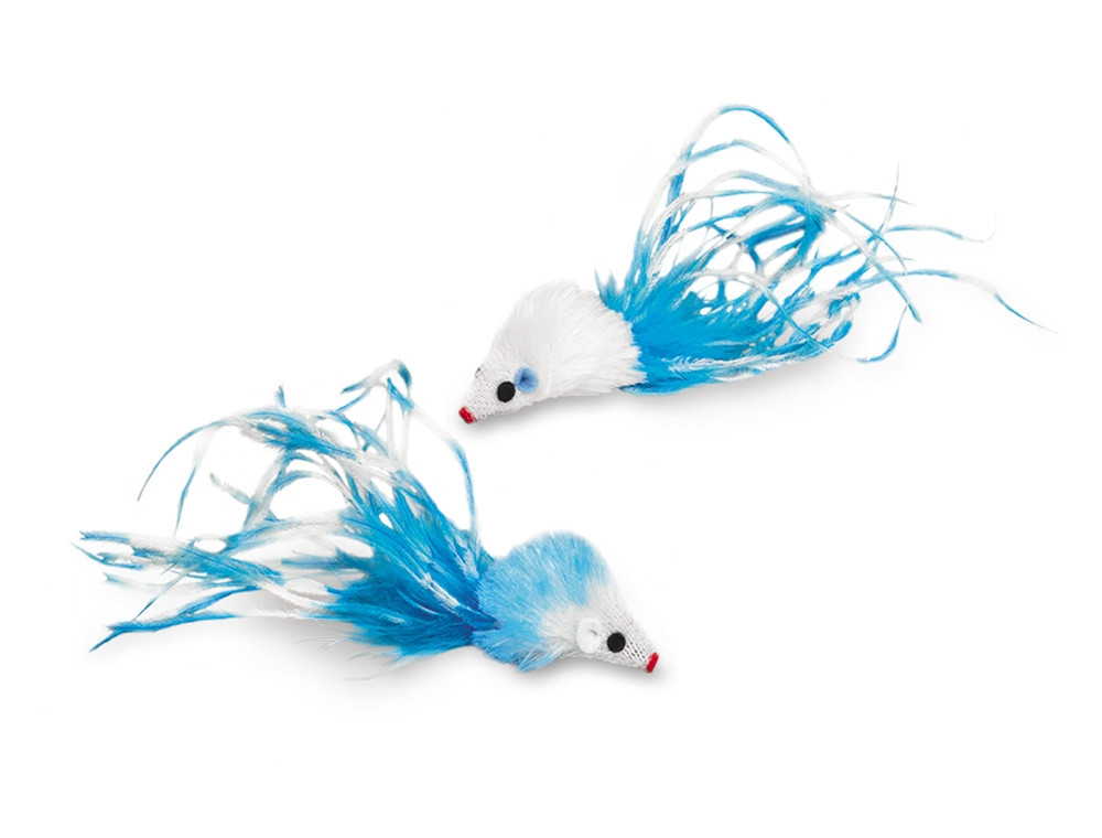 Pluche muis met veer, met kattenkruid