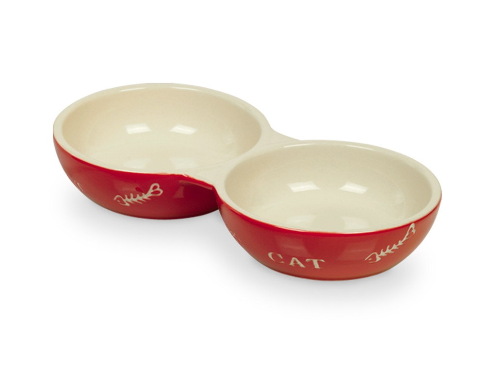 Kat keramische dubbele kom "CAT" 22 x 11,5 x 3,5 cm; 2 x 130 ml rood / beige