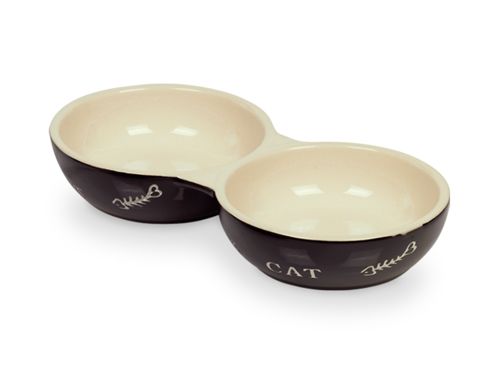 Kat keramische dubbele kom "CAT" 22 x 11,5 x 3,5 cm; 2 x 130 ml zwart / beige