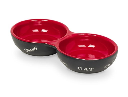 [NB73388] Kat keramische dubbele kom "CAT" 22 x 11,5 x 3,5 cm; 2 x 130 ml zwart / rood