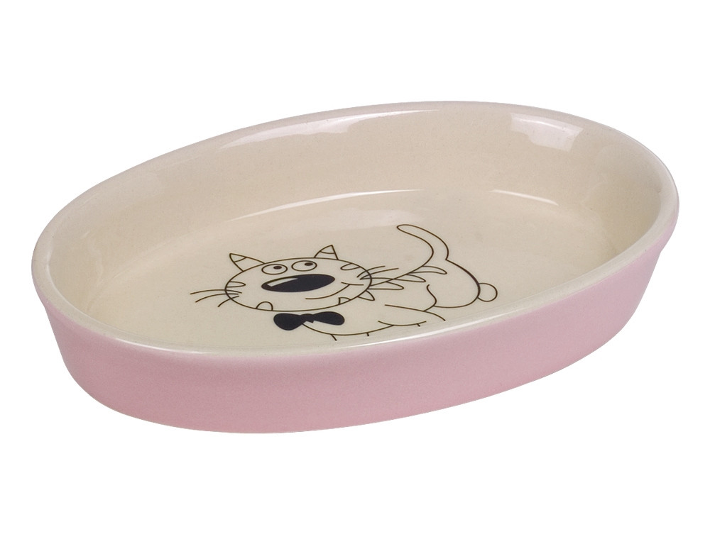Kat keramiek schaaltje ovaal 17 X 11 X 2,5 cm; 120 ml roze/beige