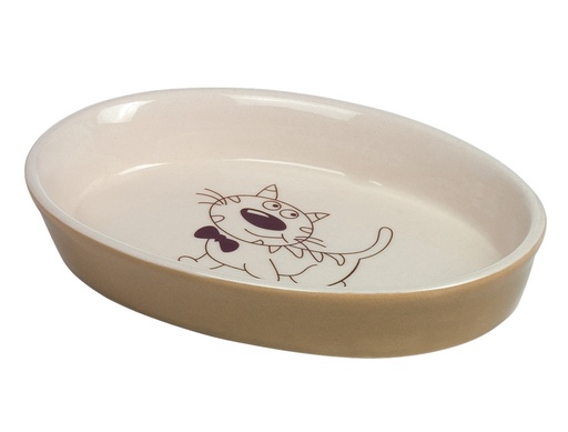 [NB73638] Kat keramiek schaaltje ovaal 17 X 11 X 2,5 cm; 120 ml licht bruin/beige