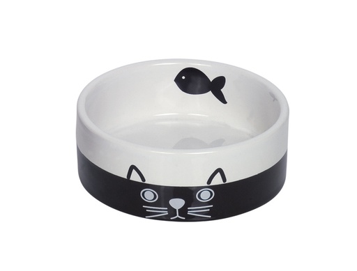 [NB73690] Kat keramische kom "FACE" 12,0 X 4,5 cm; 250 ml zwart/wit
