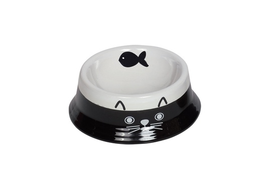 [NB73691] Kat keramische kom "FACE" 14 x 4,8 cm; 140 ml zwart/wit