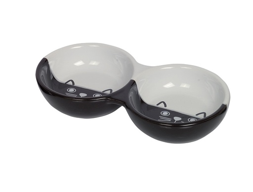 [NB73693] Kat keramische dubbele kom "FACE" 22 x 11,5 x 3,5 cm; 2 x 130 ml zwart/wit