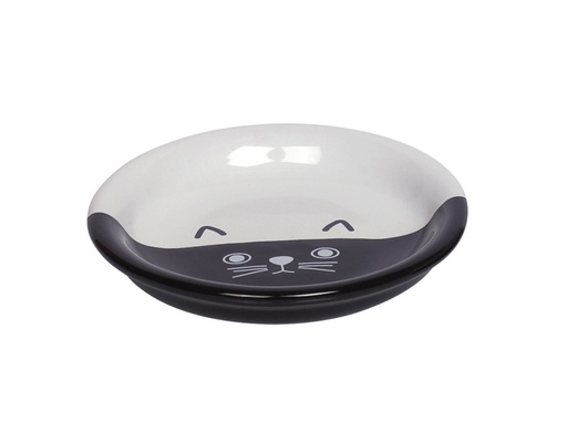[NB73694] Kat keramische melkschaal "FACE" 14 x 2 cm; 100 ml zwart/wit