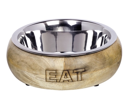 [NB73838] RVS schaal "EAT" met houten houder