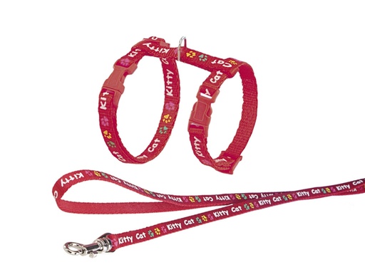 [NB7802701] Set "Kat Kat" Riem: w: 8 mm, 120 cm; harnas: nek: 15-22 cm; borst: 20-32 cm rood