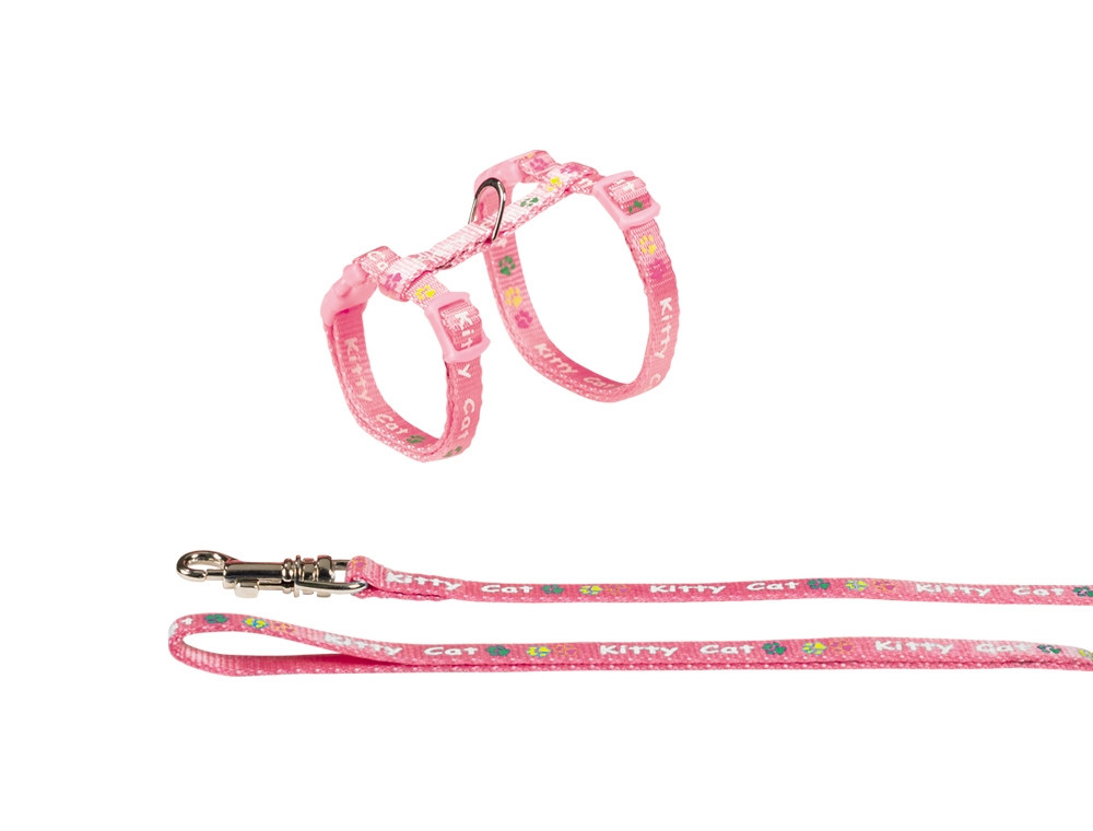 Set "Kat Kat" Riem: w: 8 mm, 120 cm; harnas: nek: 15-22 cm; borst: 20-32 cm roze