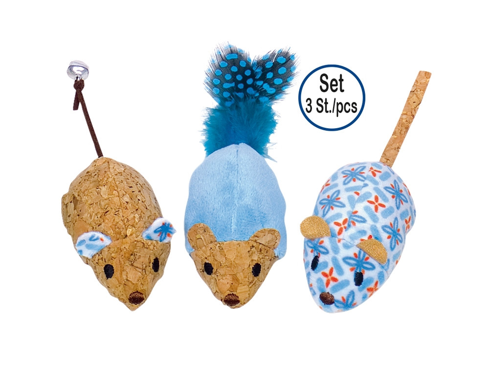 Pluche muisjes met kattenkruid 12 cm, set 3 st. blauw