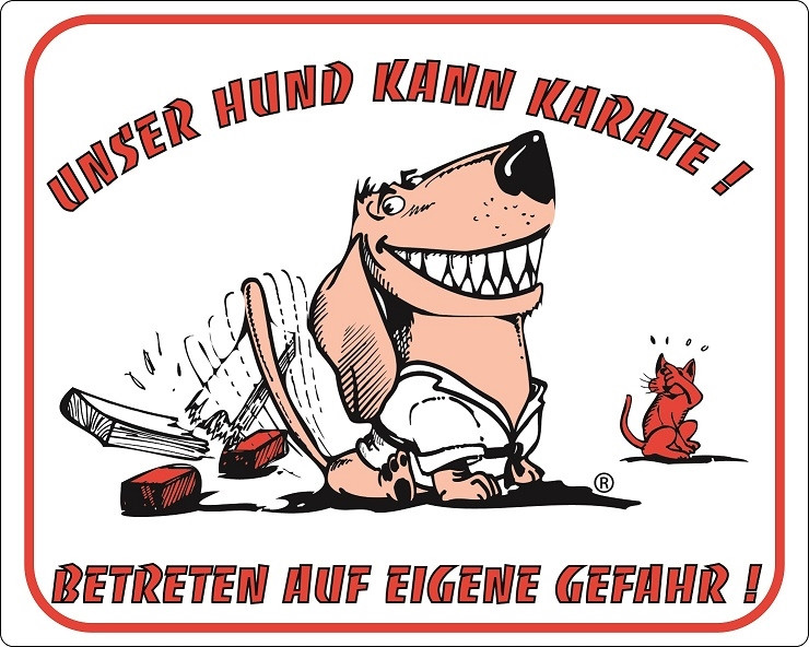 Waarschuwingsbord “Onze hond kan karate doen” 250 x 200 mm 